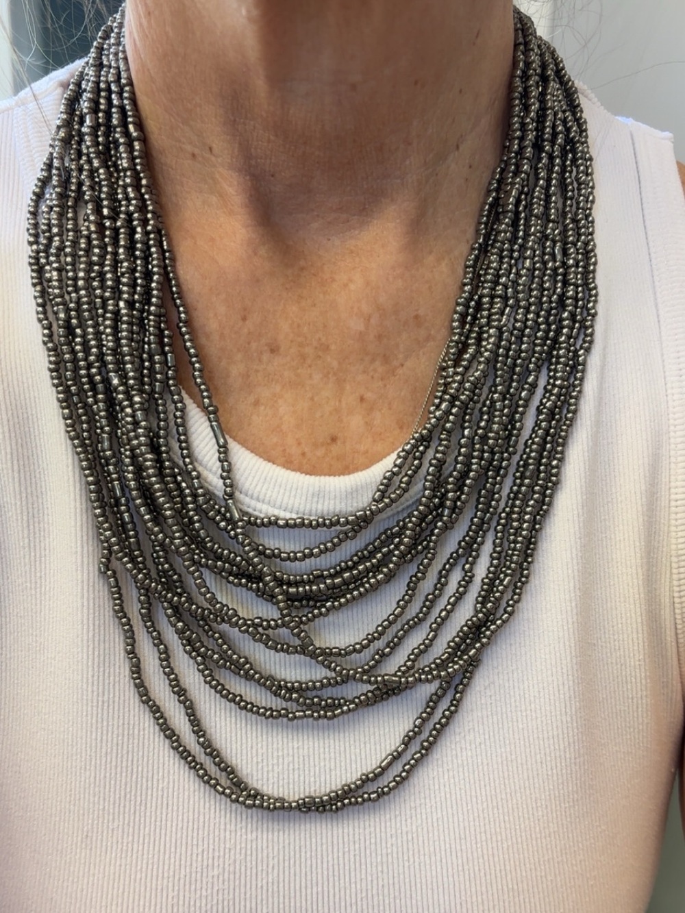 New Layered Hematite Bead Multi-Strand Necklace & Bracelet- Silver-Tone